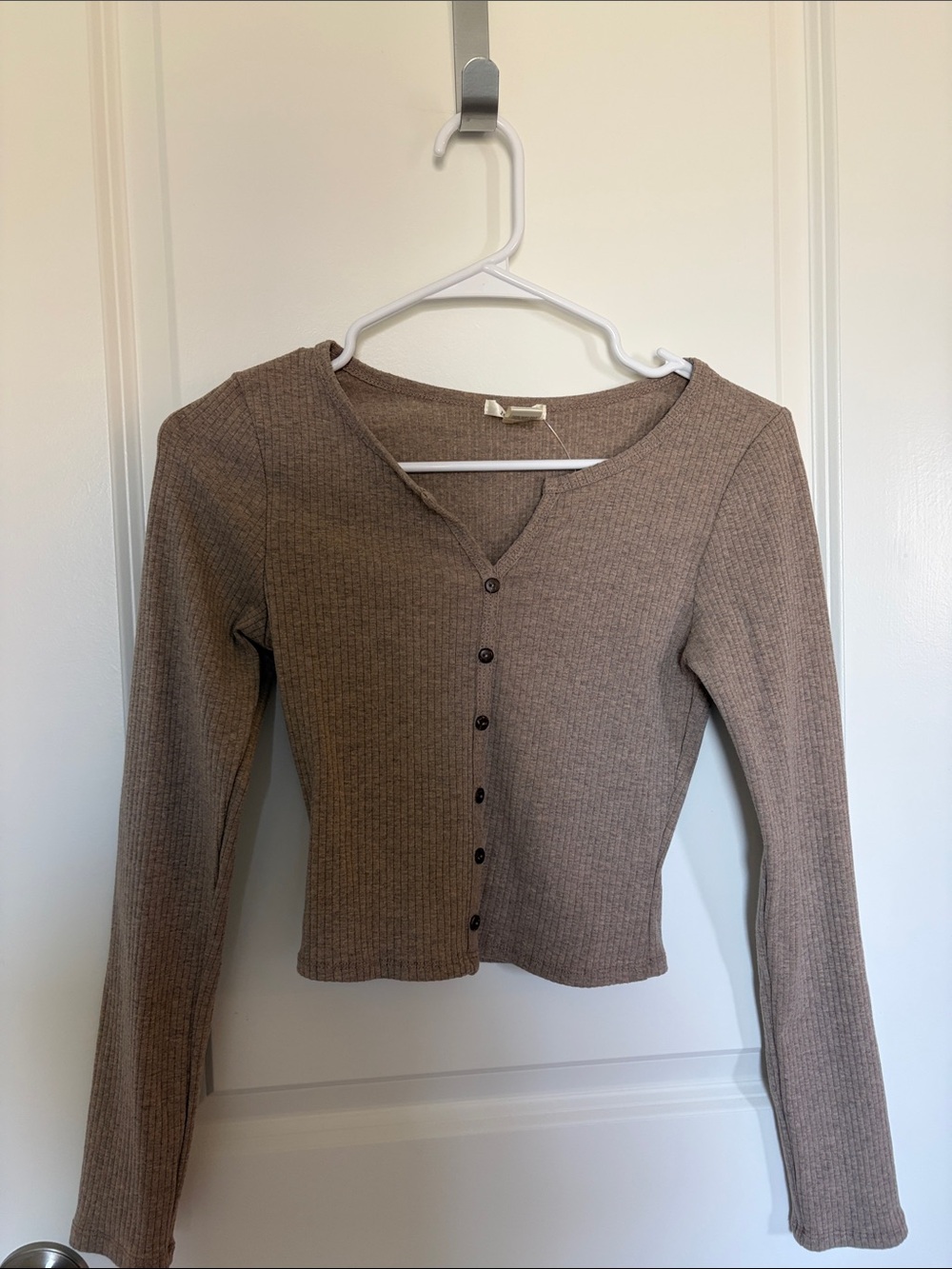 Bozzolo Ribbed Button-Front Long Sleeve Top — Brown